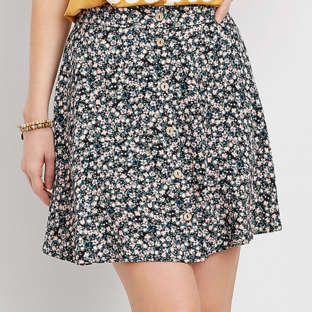 Floral Button-Front A-Line Skirt - Black with Pink & White Flowers